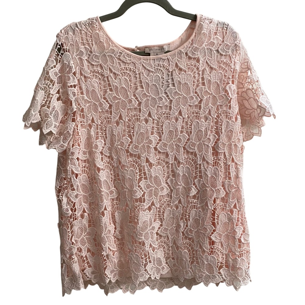 Philosophy Republic Clothing Cloud Pink‎ Floral Lace Top XL Short Sleeve Keyhole